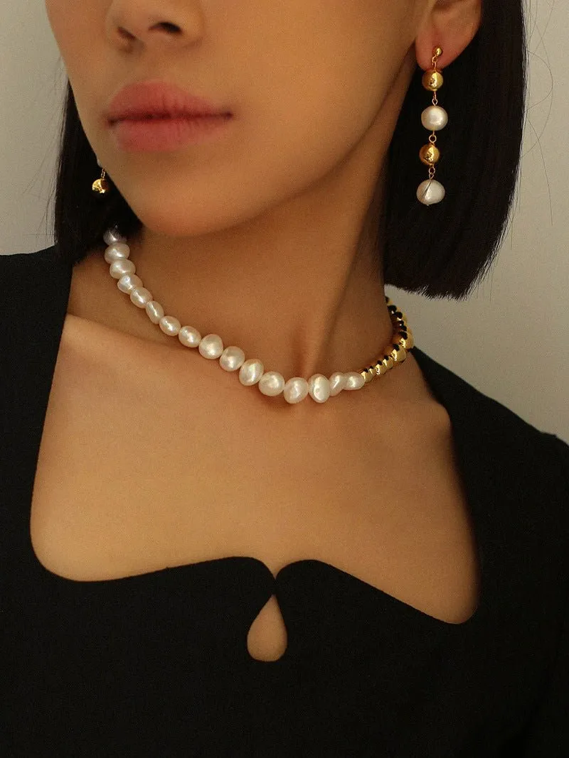 Metal Ball Beaded Spliced Pearl Drop Long Earrings