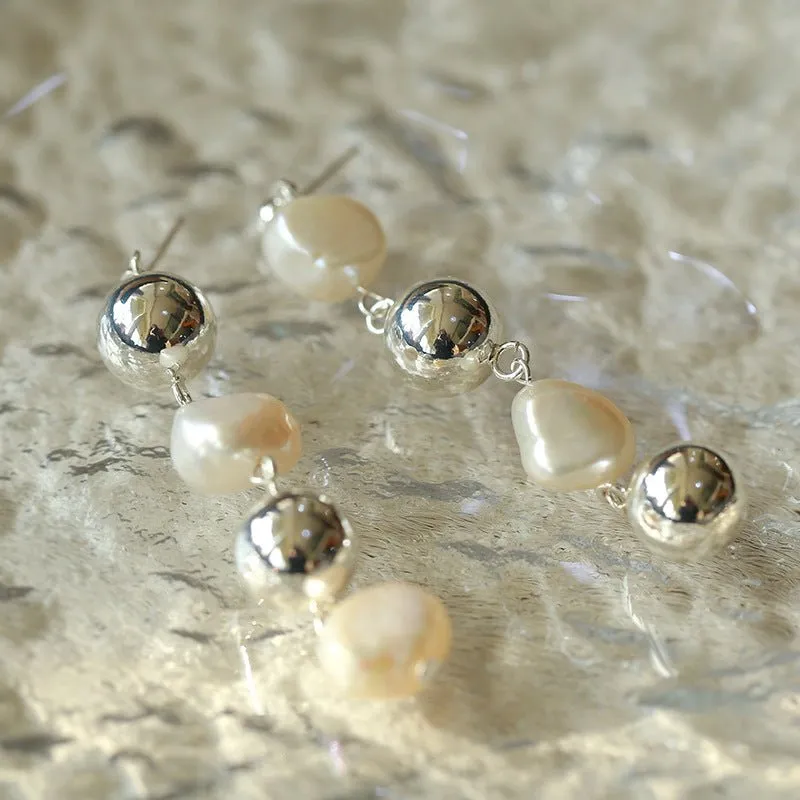 Metal Ball Beaded Spliced Pearl Drop Long Earrings