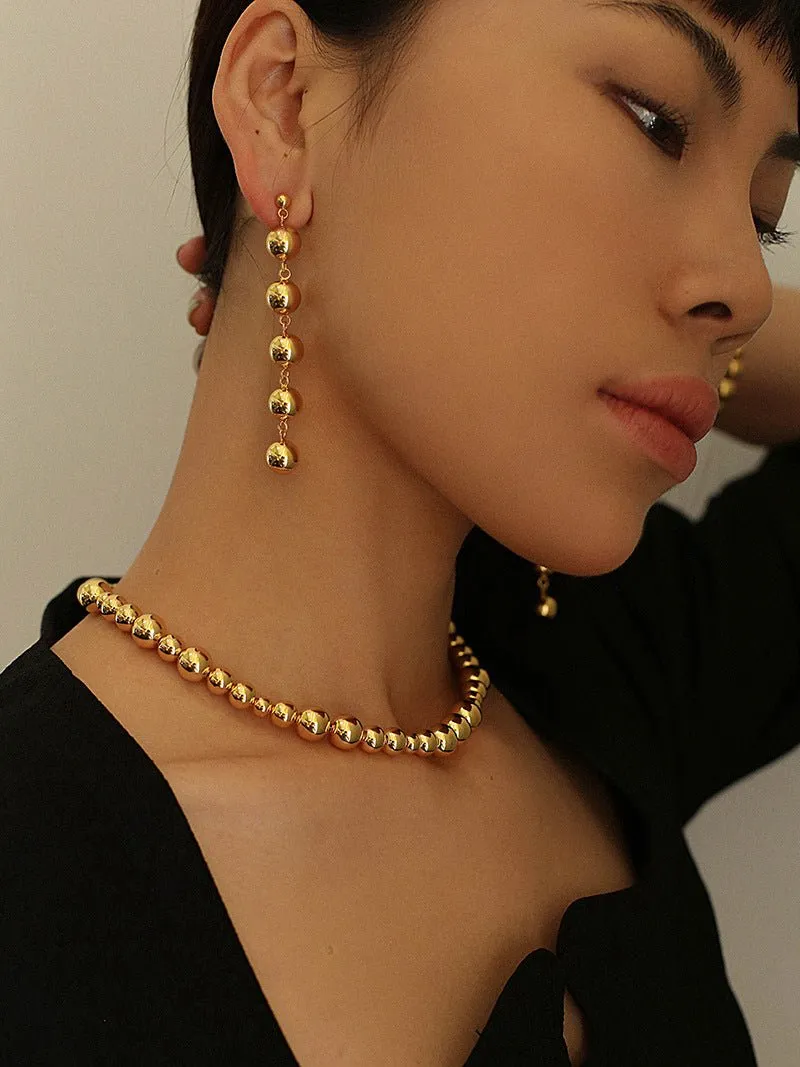 Metal Ball Beaded Spliced Pearl Drop Long Earrings