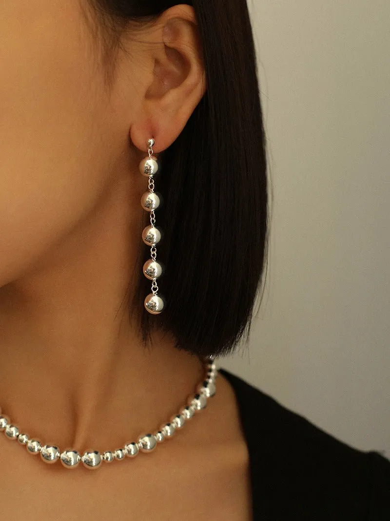 Metal Ball Beaded Spliced Pearl Drop Long Earrings