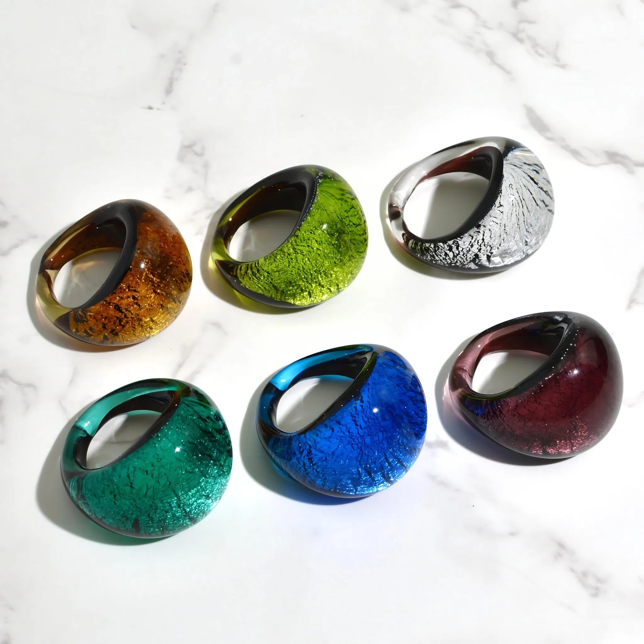 Murano Glass Arno Statement Rings, Cobalt, Teal, Silver, Made in Italy