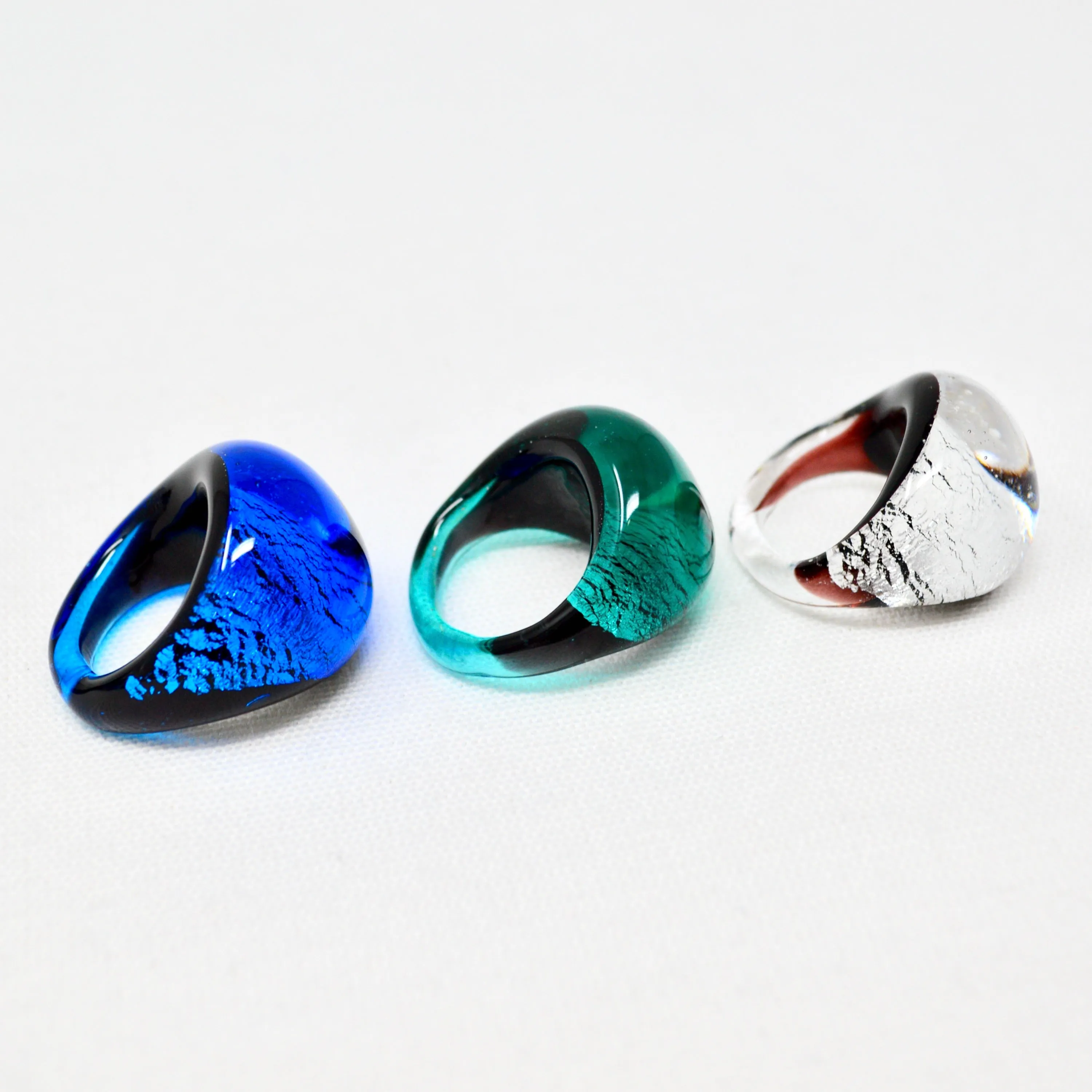 Murano Glass Arno Statement Rings, Cobalt, Teal, Silver, Made in Italy