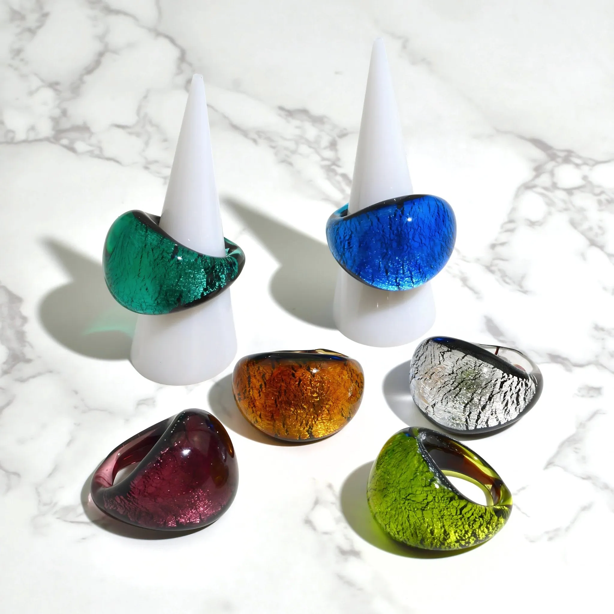 Murano Glass Arno Statement Rings, Cobalt, Teal, Silver, Made in Italy