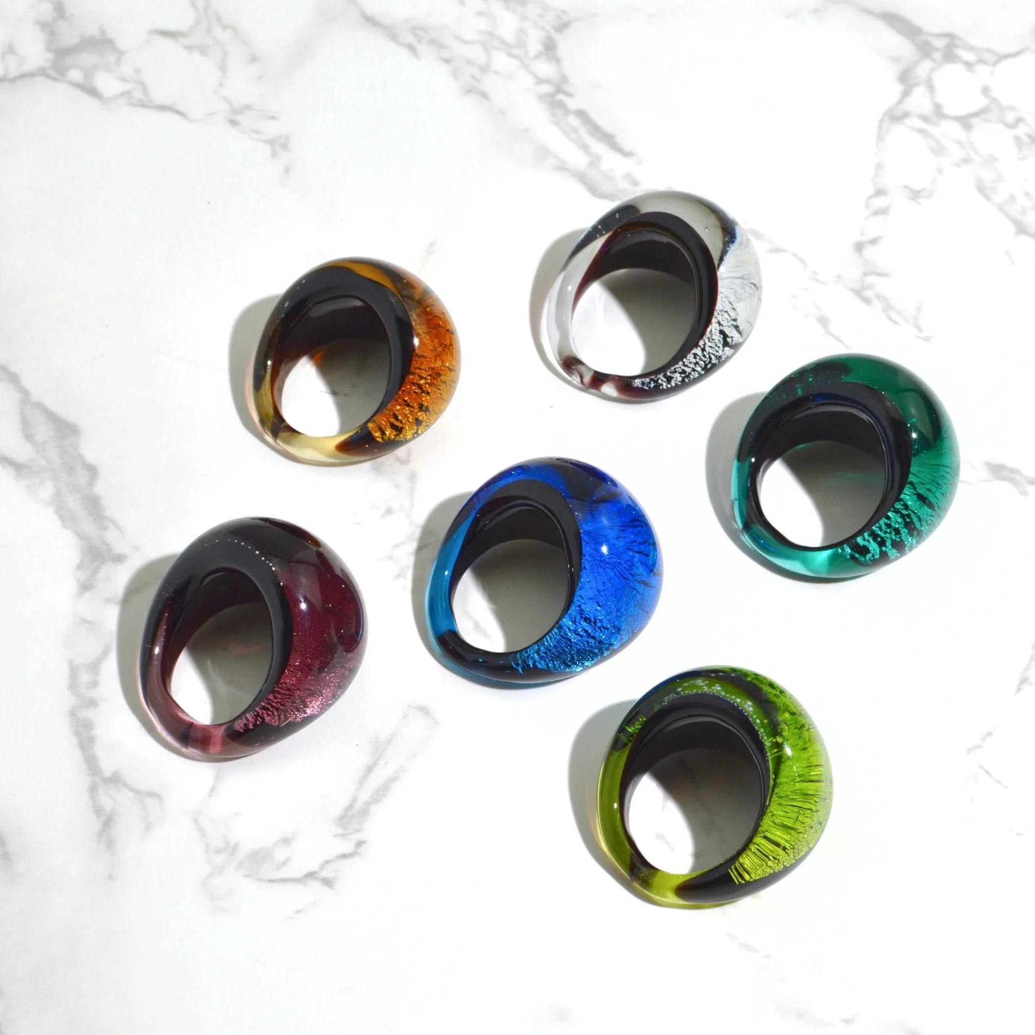 Murano Glass Arno Statement Rings, Cobalt, Teal, Silver, Made in Italy