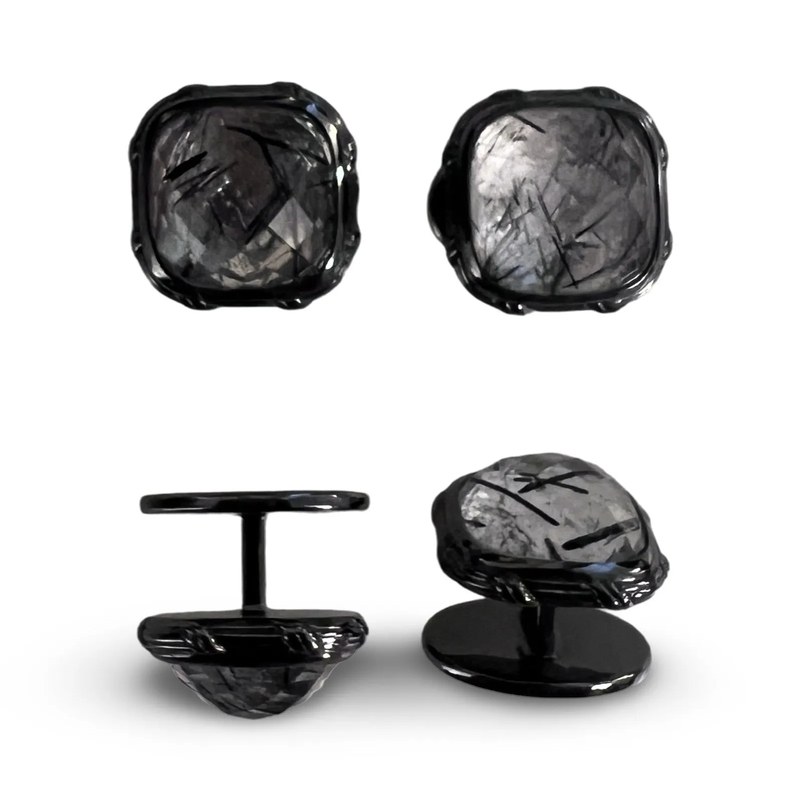 Noir Stud Set with black hair quartz in ruthenium sterling silver