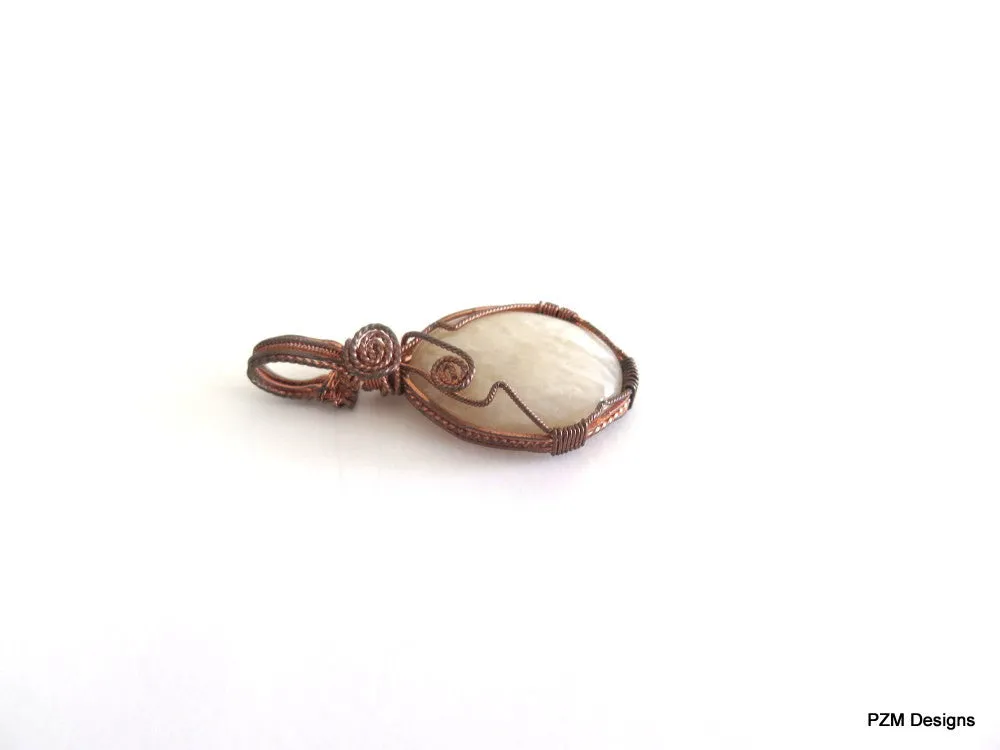 Peach Moonstone Pendant with Copper Slide, Wire Wrapped Copper Pendant with Neck Wire