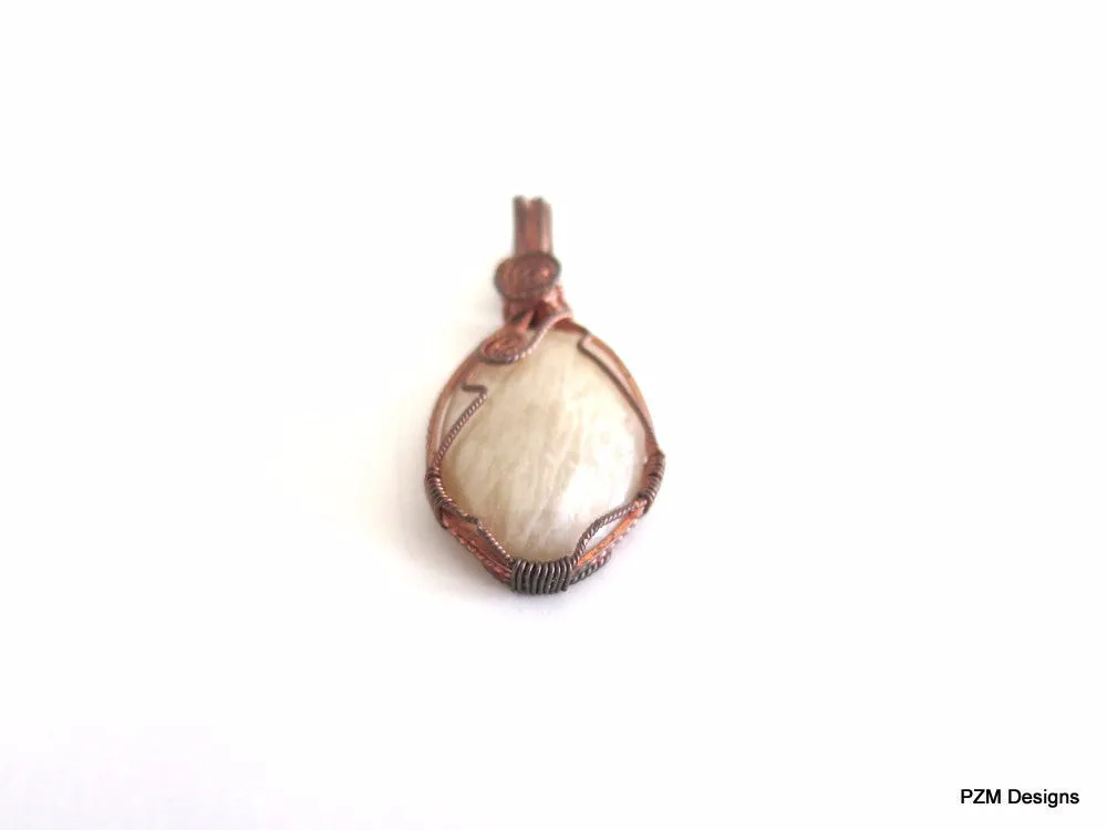 Peach Moonstone Pendant with Copper Slide, Wire Wrapped Copper Pendant with Neck Wire