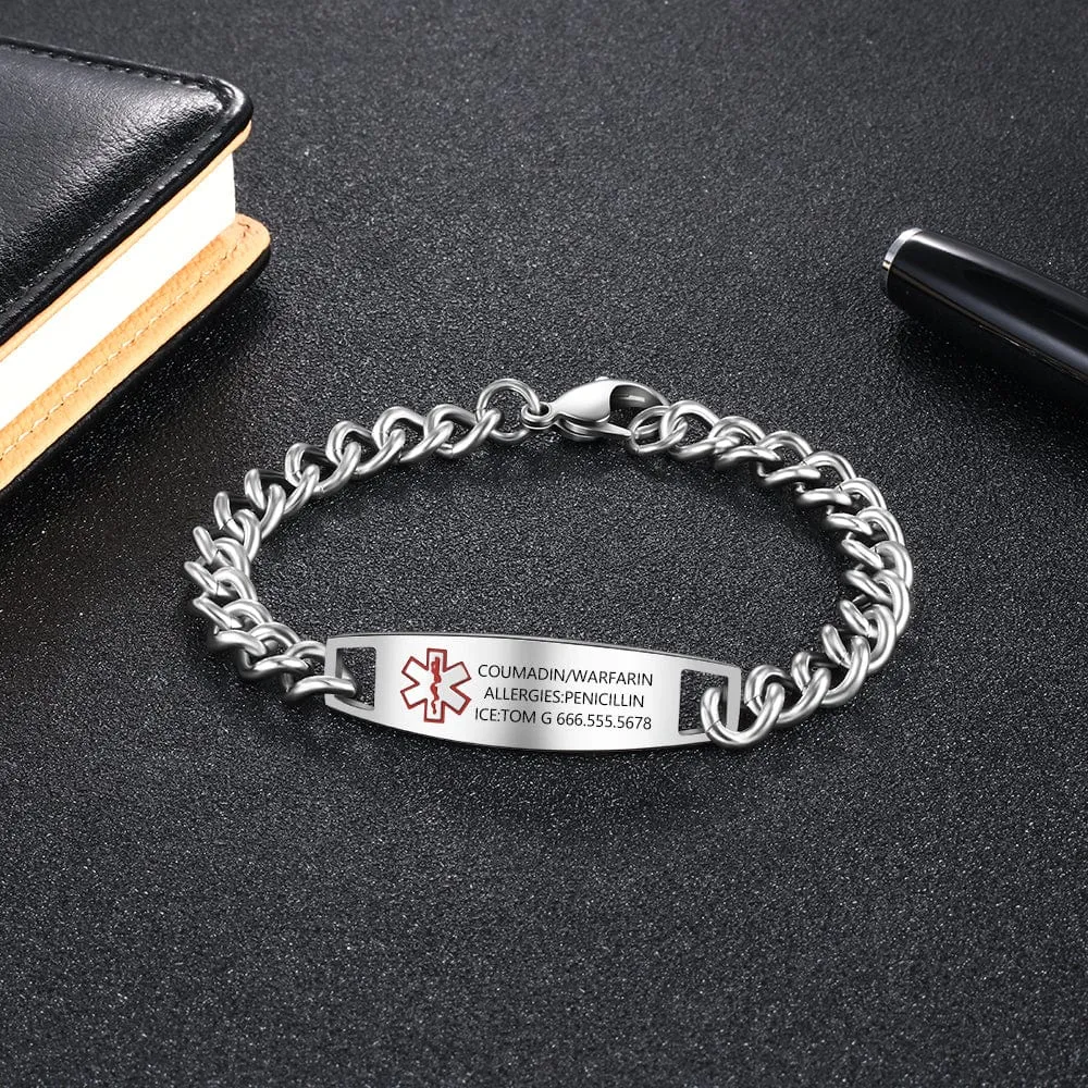 Personalized Medical Alert  Titanium Steel Bracelet