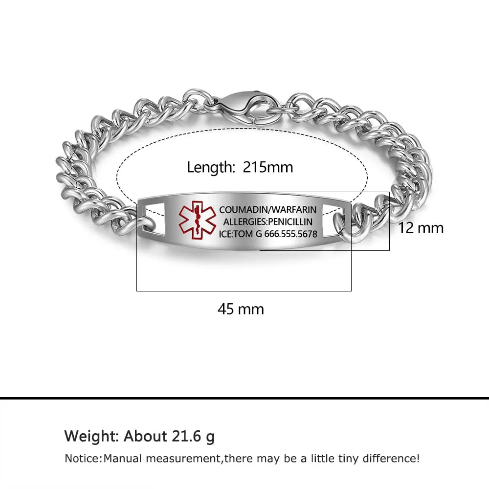 Personalized Medical Alert  Titanium Steel Bracelet