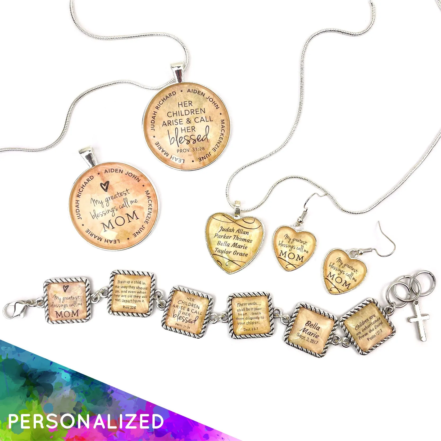 Personalized Mothers' Bracelets, Pendant Necklace & Earrings Sets – Feature Children's Names!