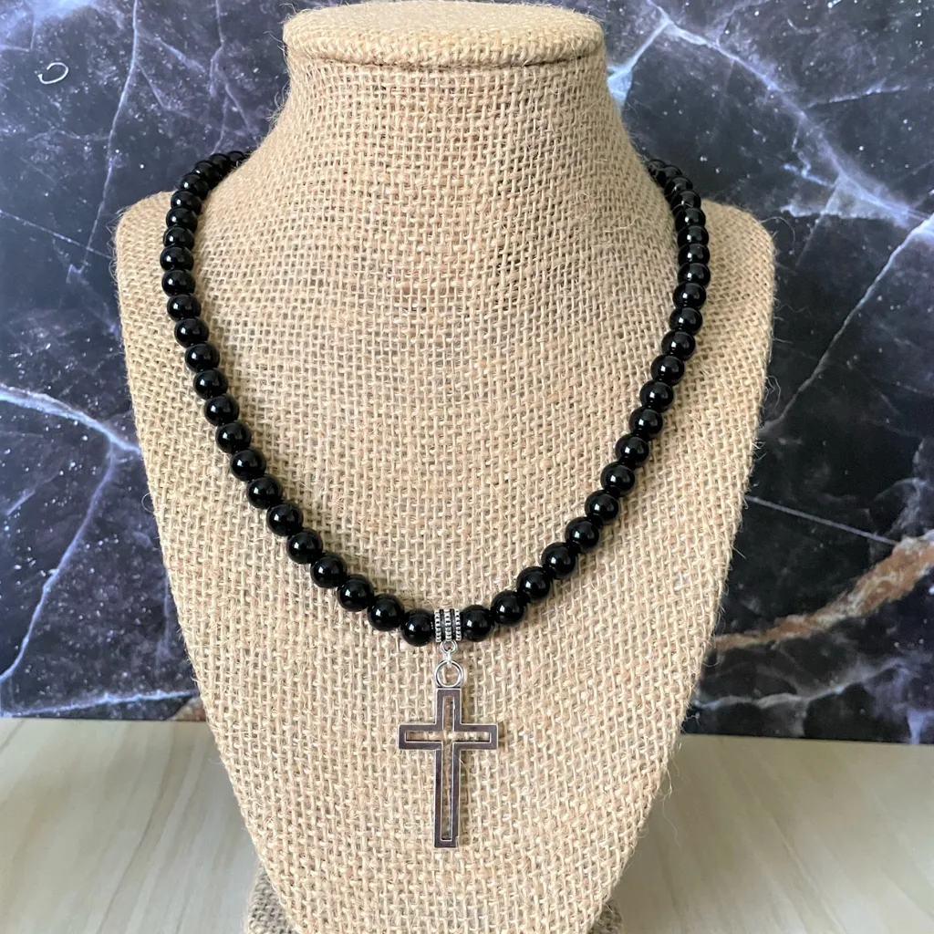 Silver Cross Black Onyx Mens Beaded Necklace