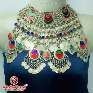 Silver Massive Choker Necklace With Multicolor Glass Stones