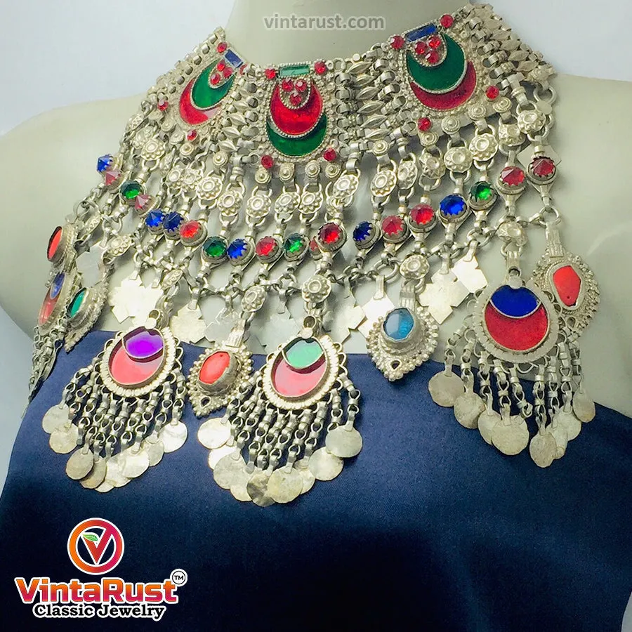 Silver Massive Choker Necklace With Multicolor Glass Stones