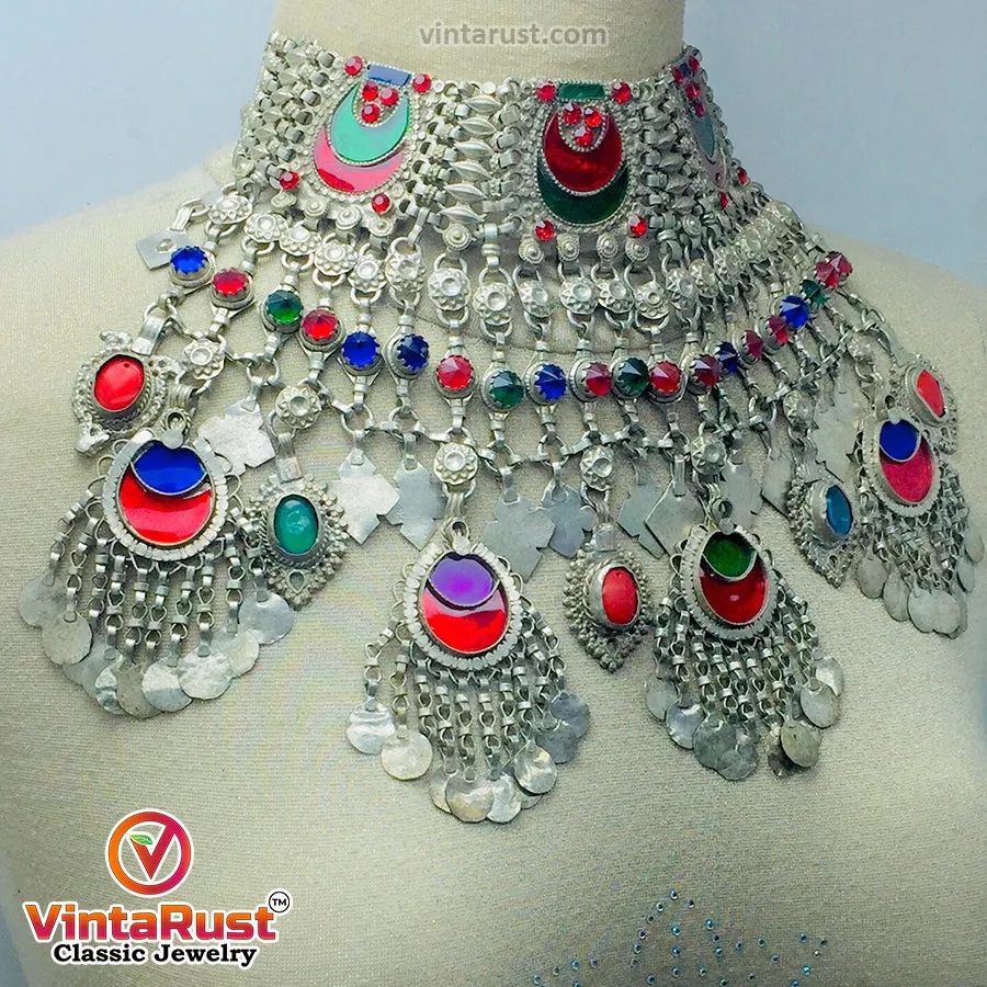 Silver Massive Choker Necklace With Multicolor Glass Stones