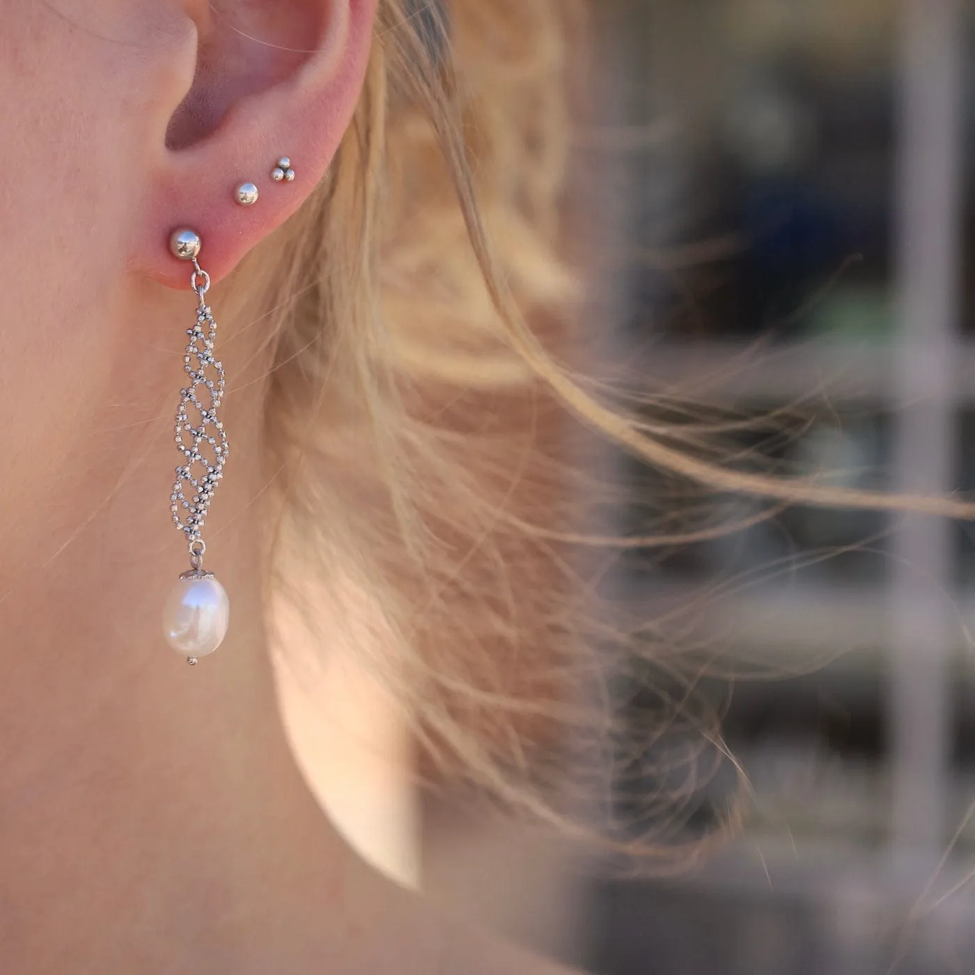 Sterling Lace Helix with Pearls Earrings