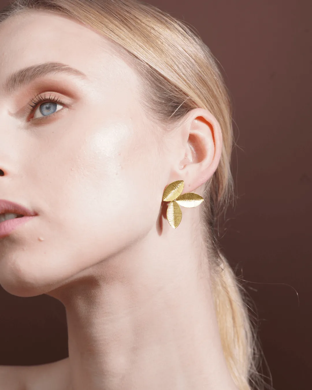 Three Gold Tiny Leaf Earrings