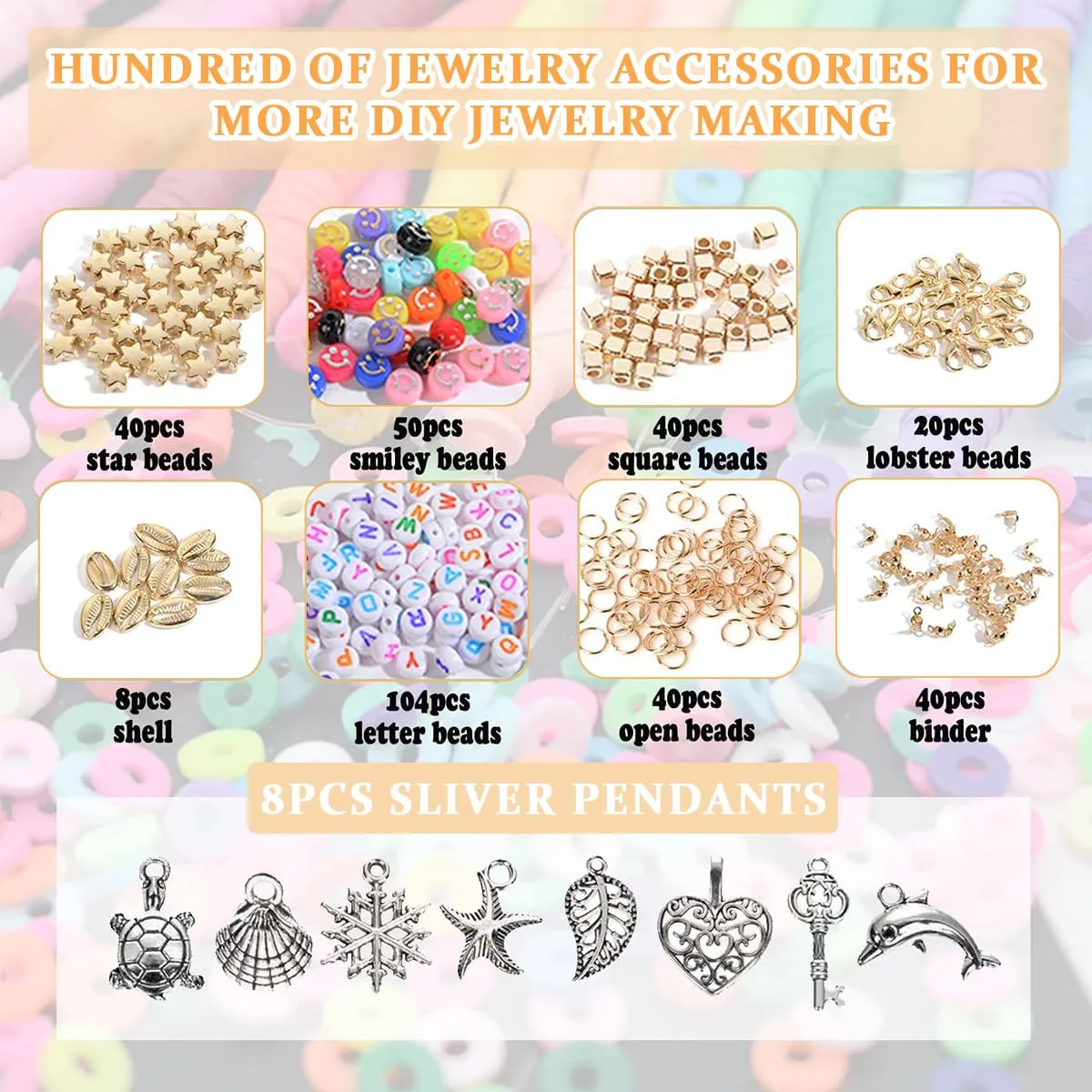 Venzina 4500Pcs  Clay Beads For Jewellery Making Kit 24-Color Clay Beads Bracelet Kit, Colorful Polymer Flat Beads Spacer Alphabet Beads With Charms Strings Diy Craft Gift For Kids Girls Women,Beige