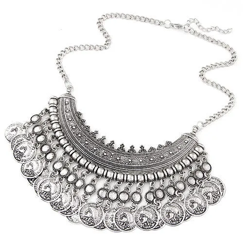 Vintage Bohemian Gypsy Tassel Silver Coin Necklaces & Pendants for Women Vintage Statement Maxi Necklace Choker Collier Femme