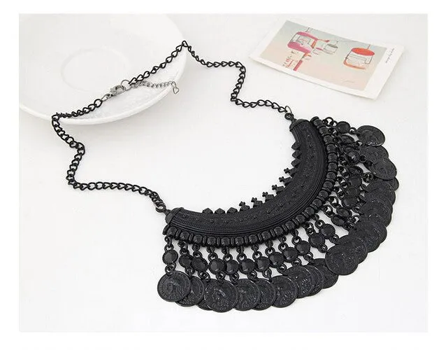 Vintage Bohemian Gypsy Tassel Silver Coin Necklaces & Pendants for Women Vintage Statement Maxi Necklace Choker Collier Femme