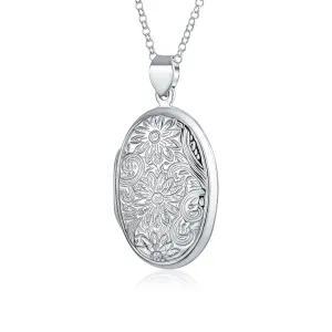 Vintage Style Sunflower Photo Oval Sterling Silver Locket Necklace for Pictures