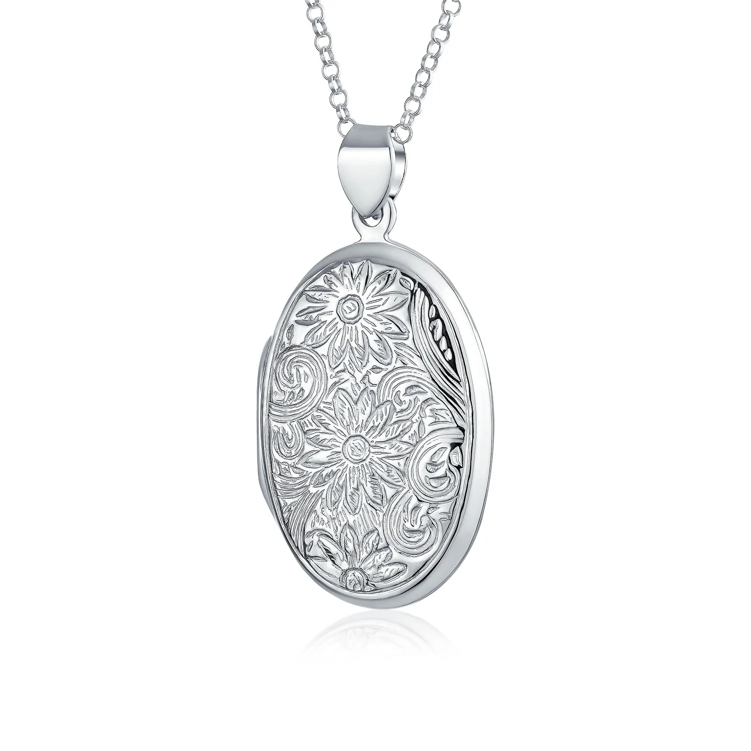 Vintage Style Sunflower Photo Oval Sterling Silver Locket Necklace for Pictures