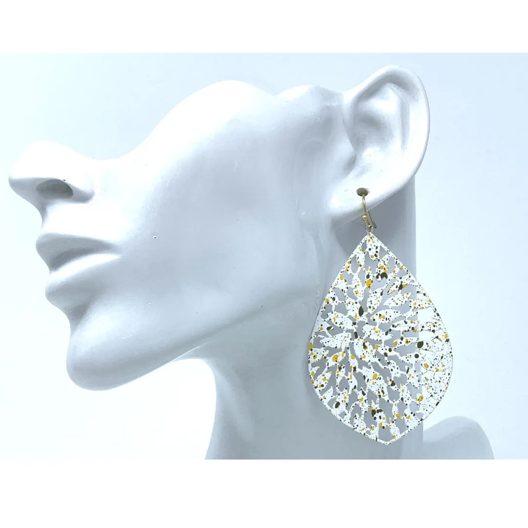 White Filigree Metal Teardrop Statement Earrings